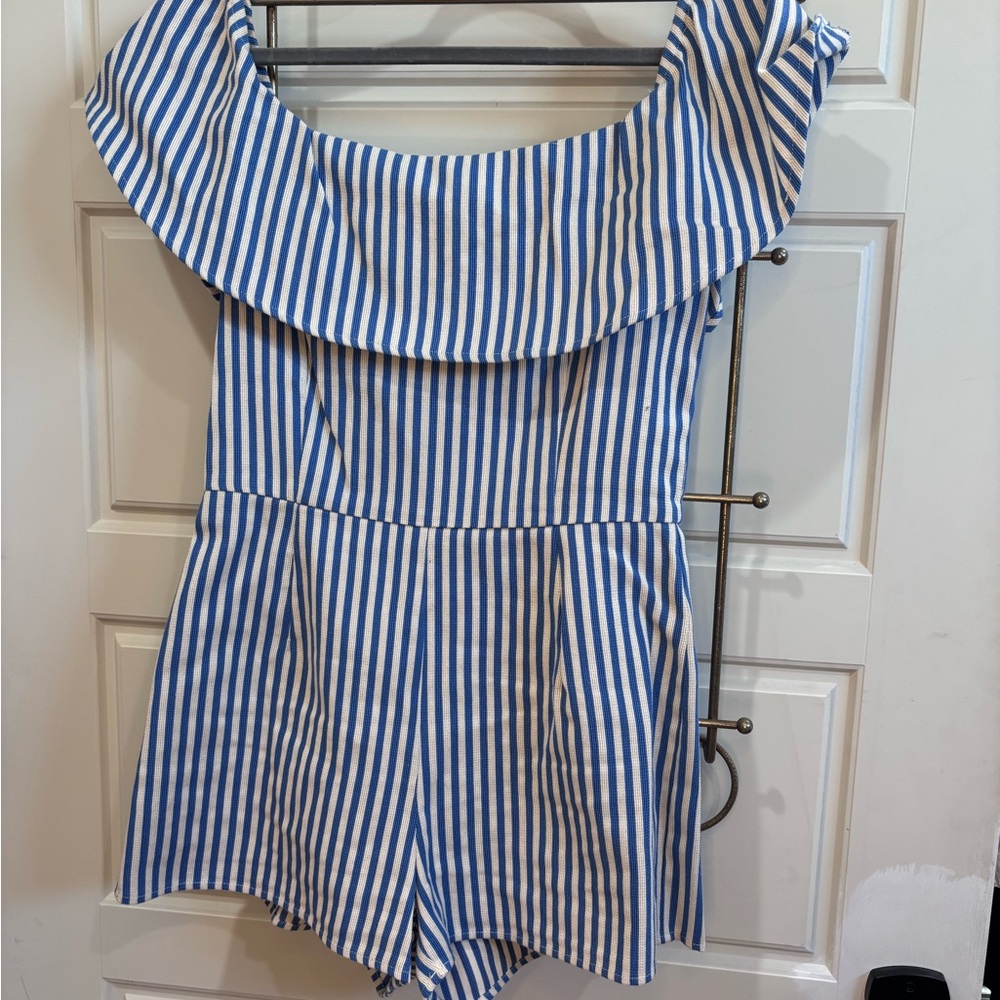Sugarlips Blue and White Striped Off-Shoulder One-Piece